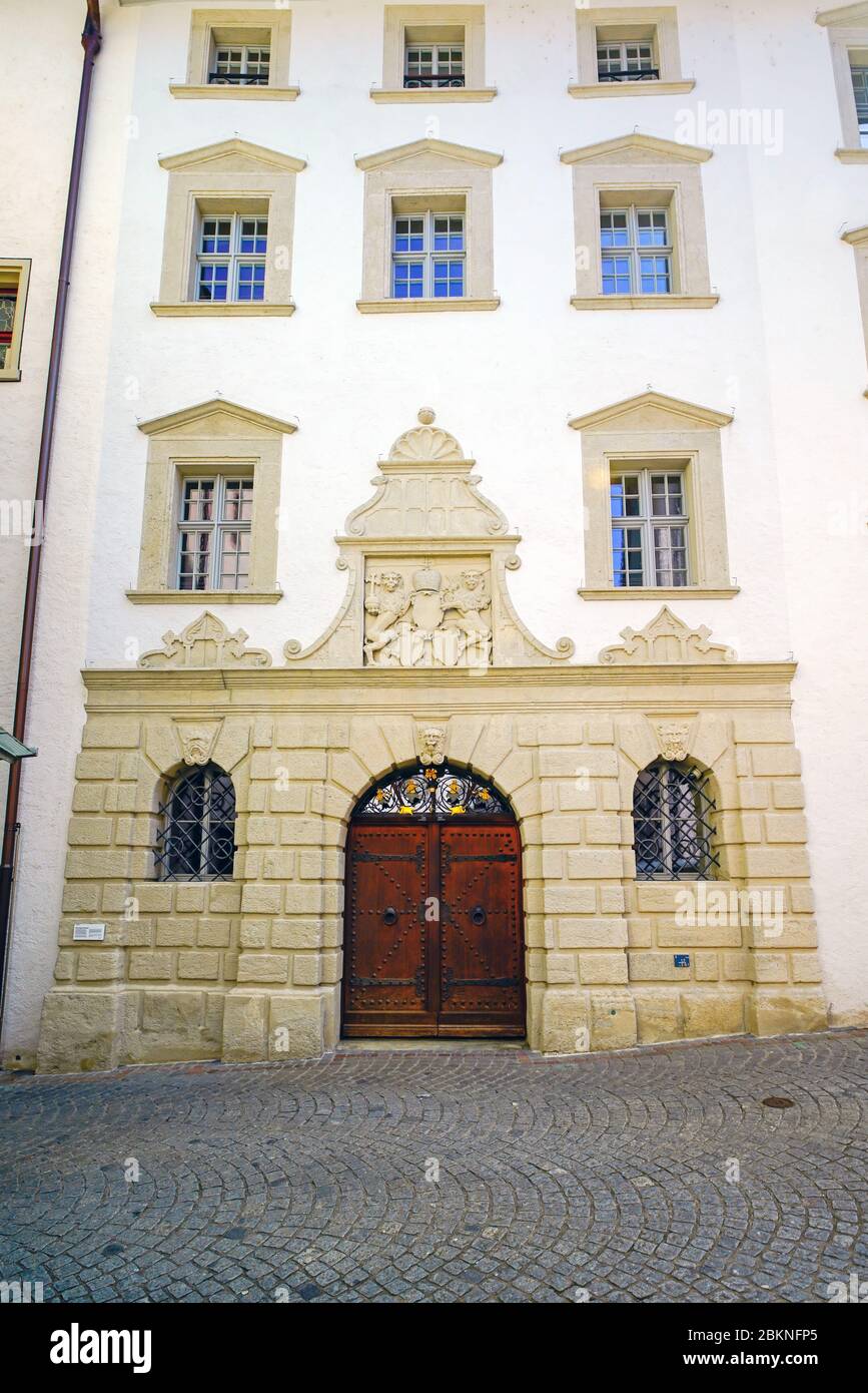 Front view of former armory building, built on the south side of the town hall  dates from 1614. Baden old town, canton Aargau, Switzerland. Stock Photo