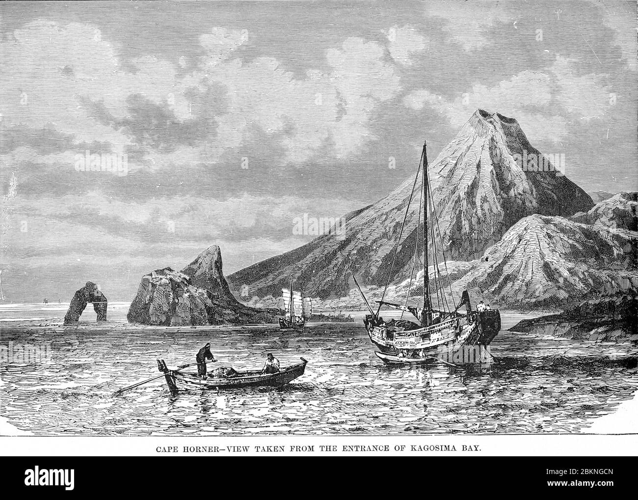 [ 1890s Japan - Japanese Boats in Kagoshima Bay ] —   Engraving from the end of the 19th century showing a view of Kagoshima Bay and Sakurajima.  Originally published in 'The Earth and its Inhabitants,' in 1895 (Meiji 28).  19th century vintage book engraving. Stock Photo