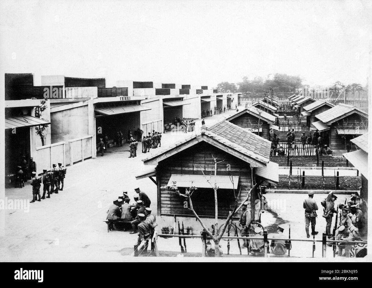 [ 1920s Japan - Japanese Military Firing Range ] —   Toyama Firing Range (戸山射撃場, Toyama Shagekijo) in Okubo (大久保), Tokyo. It was used by the Imperial Guard.   It consisted of seven 300 meter long reinforced concrete buildings into which soldiers shot their automatic and other weapons.  From a private photo album of a member of the Japanese Imperial Guard (Konoe Shidan) who served between 1928 (Showa 3) and 1930 (Showa 5).  20th century gelatin silver print. Stock Photo