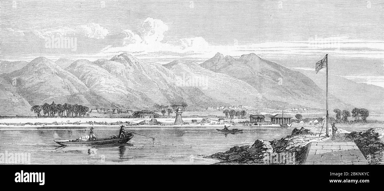 [ 1860s Japan - Port of Kobe ] —   Engraving from the Illustrated London News showing the port of Hyogo, the future city of Kobe, in 1868.  19th century vintage newspaper engraving. Stock Photo