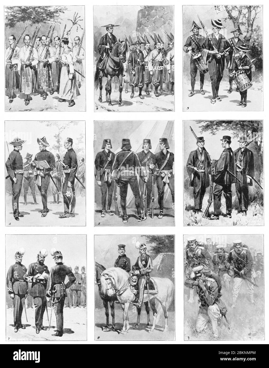 [ 1900s Japan - Japanese Military Uniforms ] —   Page from the Illustrated London News Vol CXXIV, 1904 (Meiji 37) showing Japanese military uniforms.  Original caption: “Japan’s leap from Barbarism to civilisation : A Generation of Military progress.” This edition of the Illustrated London News focused on the Russo-Japanese War (1904-1905).  20th century vintage newspaper illustration. Stock Photo