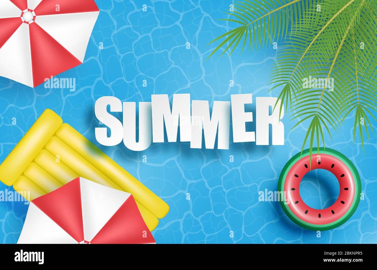 Summer banner or poster. Swimming pool with palm, umbrella, inflatable rubber bed, swim ring and on water. Top view. Shopping promotion template for s Stock Vector