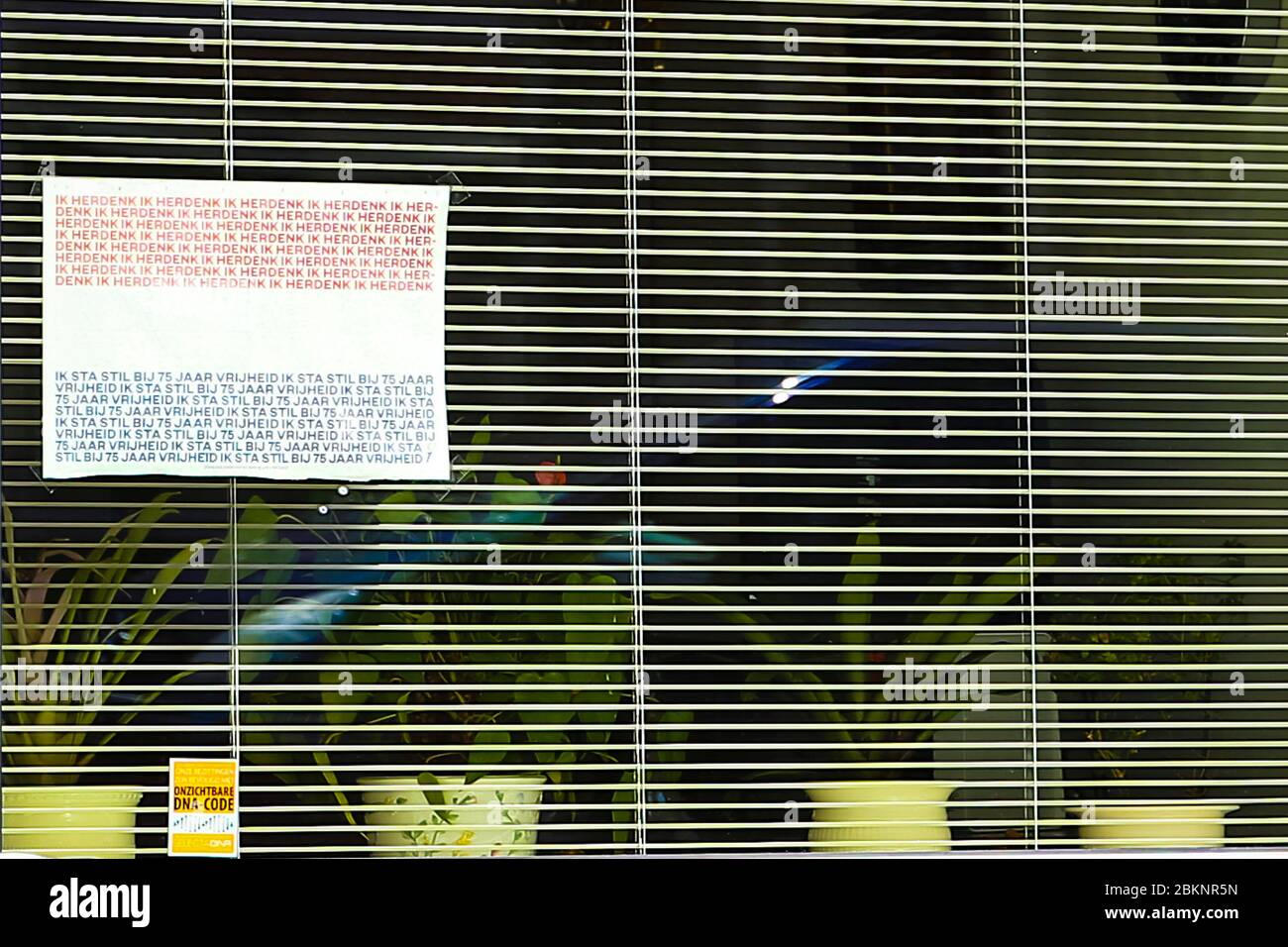 UTRECHT, 05-05-2020 , Dutchnews,commemoration poster behind the windows in utrecht, 75 years of freedom  herdenking poster achter de ramen in utrecht 4 en 5 mei, 75 jaar vrijheid Stock Photo