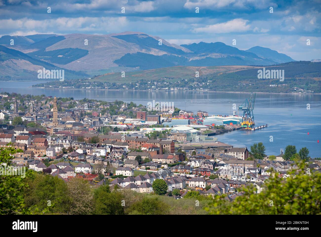 Elevated view of city of Greenock on coast of Firth of Clyde in Inverclyde, Scotland, UK Stock Photo