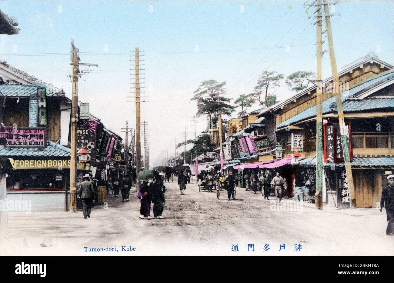 [ 1900s Japan - Japanese Shopping Street, Kobe ] —   Tamondori (多聞通) in Kobe, Hyogo Prefecture as seen from Aoioibashi (相生橋).  The pine trees on the right locate Minatogawa Jinja. The shop on the left advertises for foreign books and a map of Kobe City.  20th century vintage postcard. Stock Photo