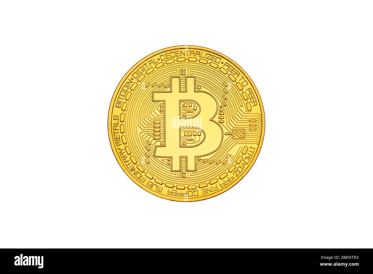 one bitcoin close-up with BIT symbol isolated on white background. Head side. Crypto-currency background for virtual money. Stock Photo