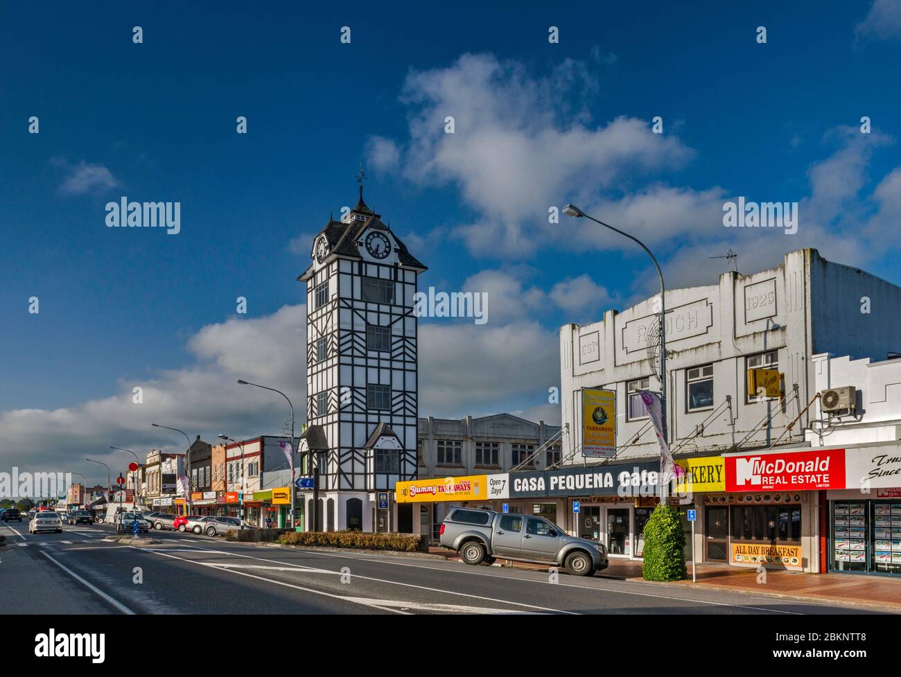 Shops, Glockenspiel clock tower on Broadway in Stratford, Taranaki