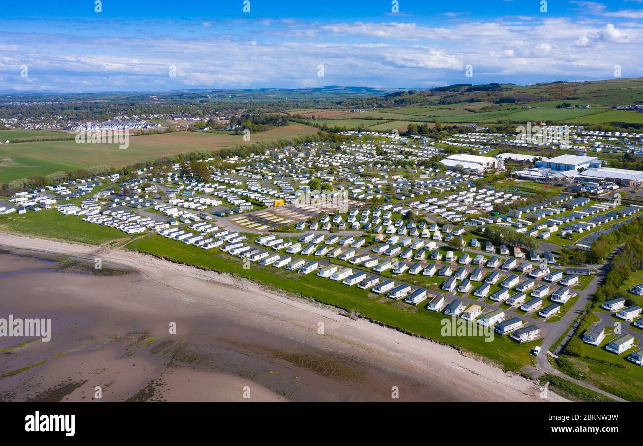 Aerial view of caravans at Craig Tara Caravan Holiday Park, south of Ayr. Park is closed during coronavirus pandemic. Stock Photo