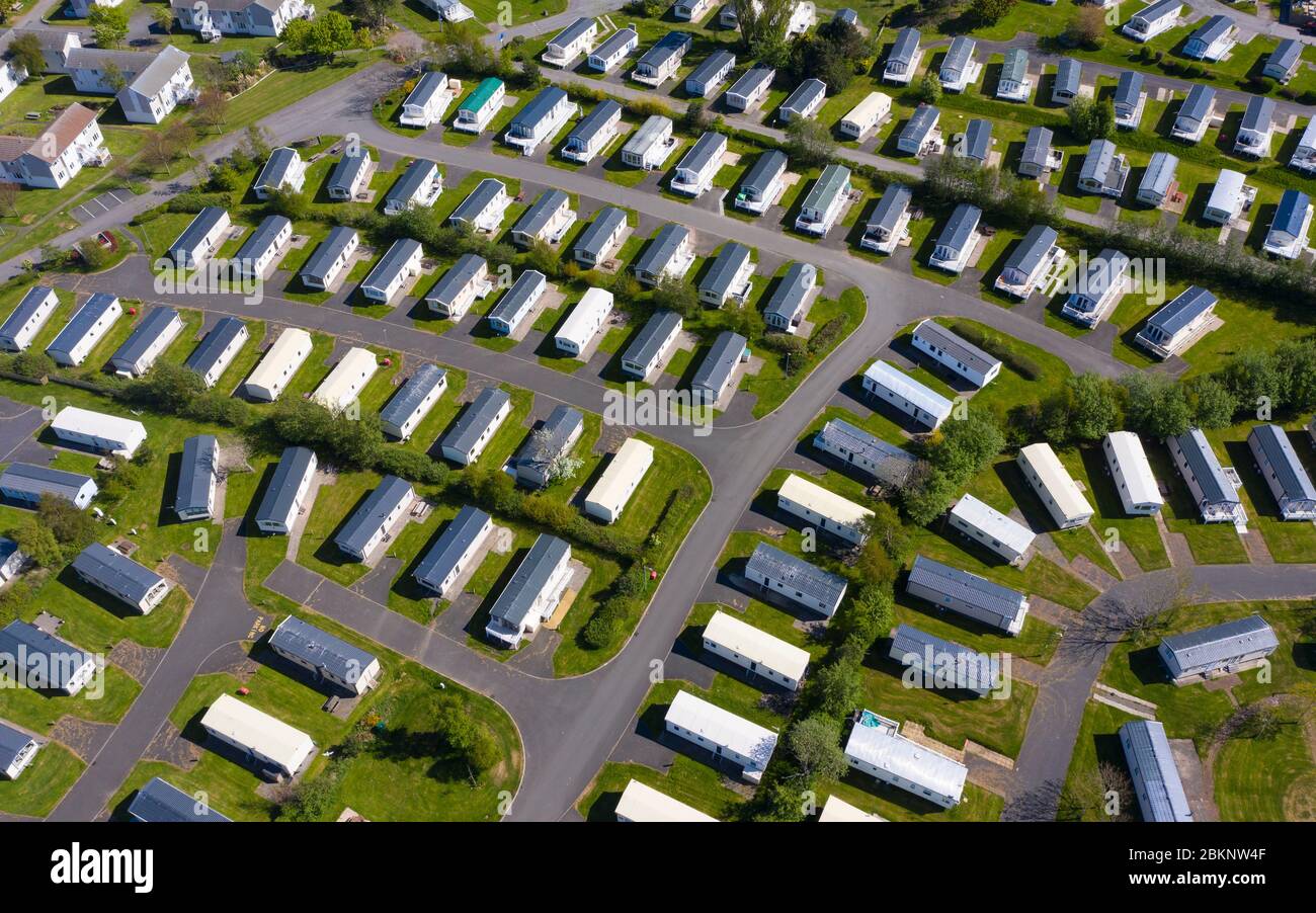 Aerial view of caravans at Craig Tara Caravan Holiday Park, south of Ayr. Park is closed during coronavirus pandemic. Stock Photo