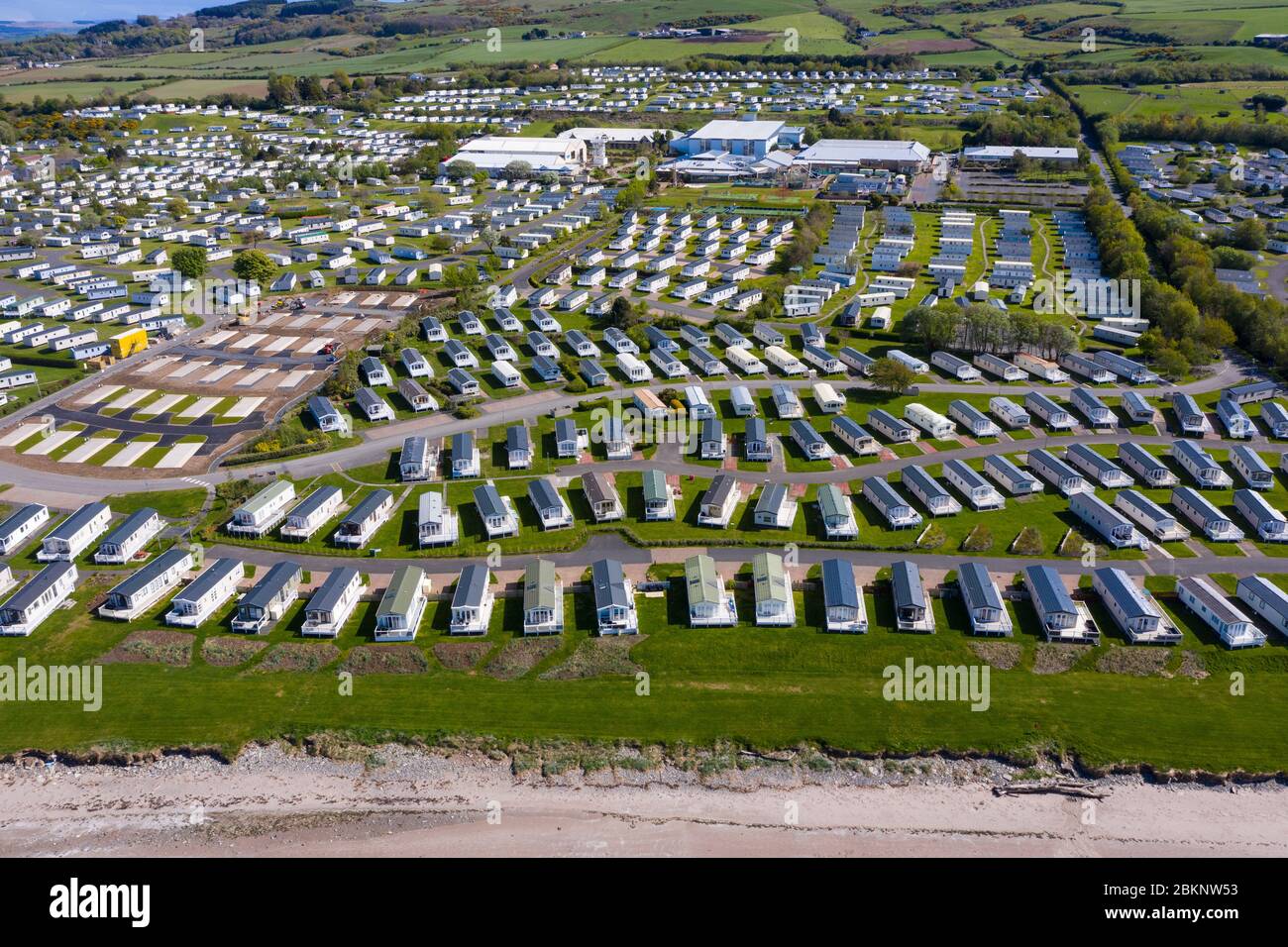 Aerial view of caravans at Craig Tara Caravan Holiday Park, south of Ayr. Park is closed during coronavirus pandemic. Stock Photo