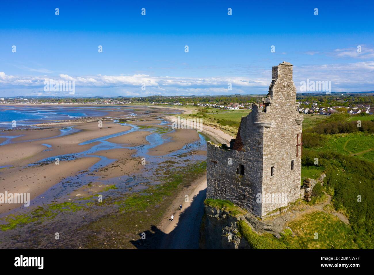 Aerial view of Greenan Castle 16th century ruined tower house south of Ayr, South Ayrshire, Scotland, UK Stock Photo
