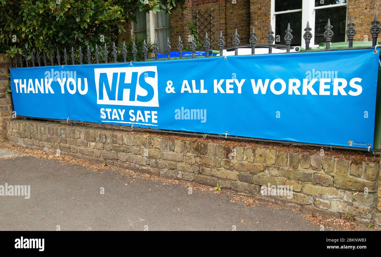 Large banner outside a residential home, in gratitude to all NHS staff and keyworkers  who are working during the UK Coronavirus pandemic crisis. Stock Photo