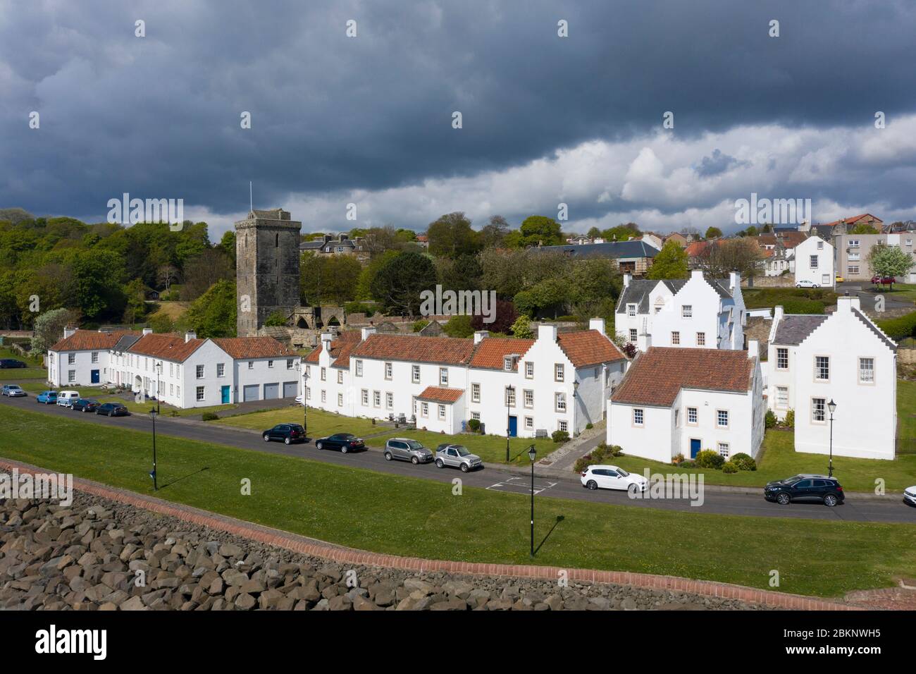 Aerial view whitewashed houses on Pan Ha (Pan Haugh) and St Serf's Church at Dysart conservation village, Fife, during covid-19 lockdown ,Scotland ,UK Stock Photo