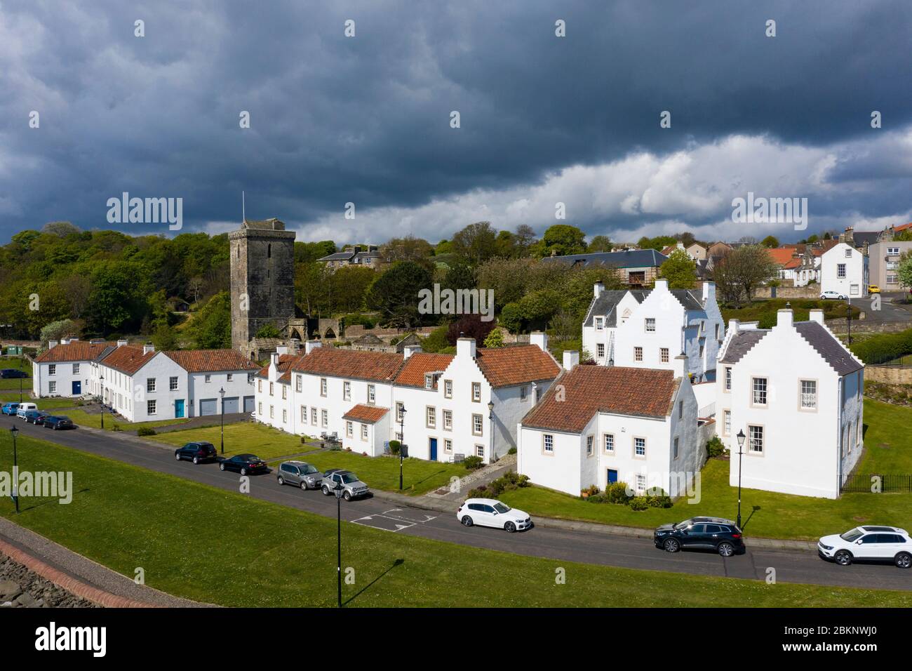 Aerial view whitewashed houses on Pan Ha (Pan Haugh) and St Serf's Church at Dysart conservation village, Fife, during covid-19 lockdown ,Scotland ,UK Stock Photo