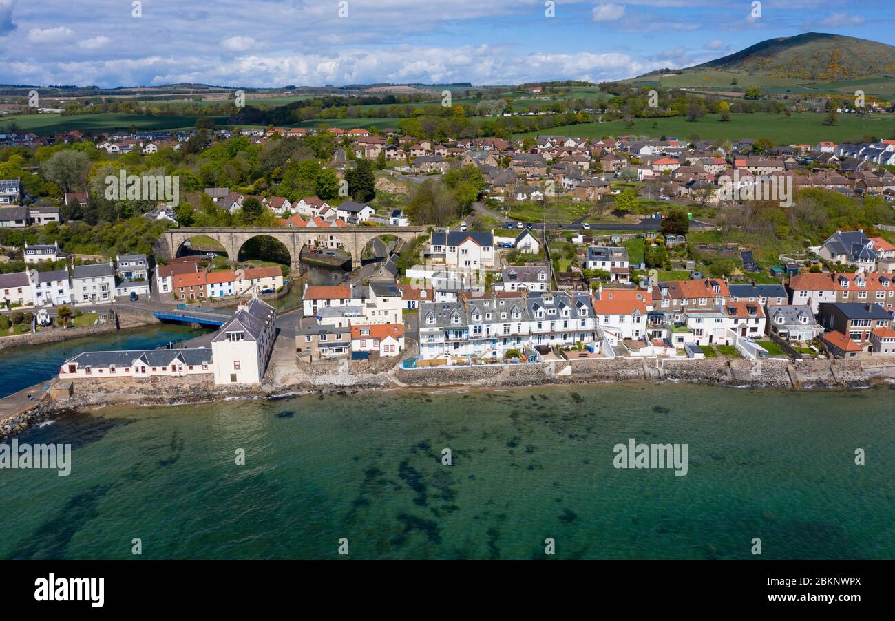 Aerial view of village of Lower Largo in Fife, during covid19 lockdown