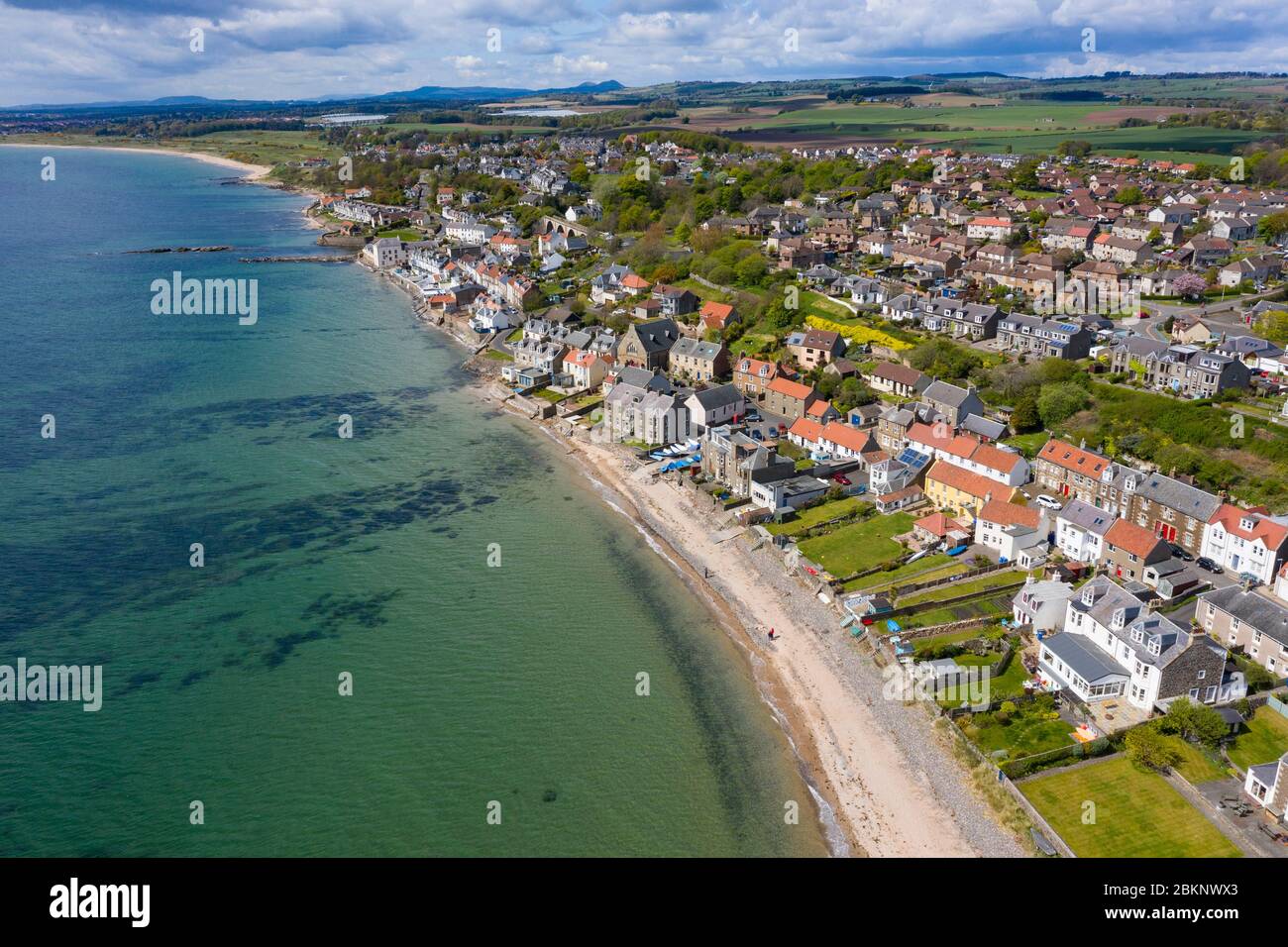 Aerial view of village of Lower Largo in Fife, during covid19 lockdown