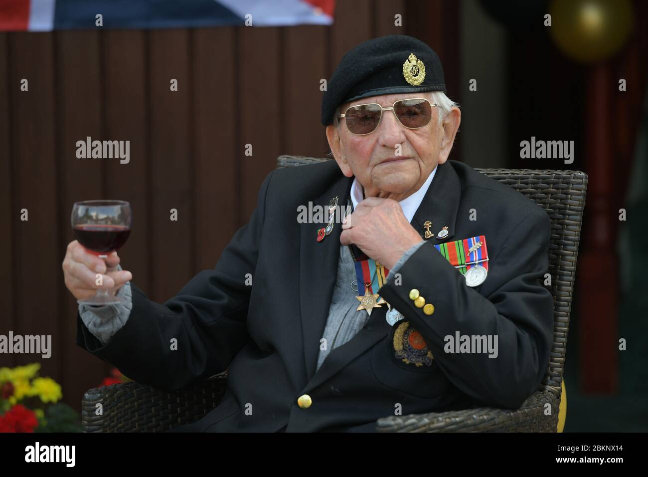 D-Day veteran Don Sheppard celebrates his 100th Birthday at his home in Basildon Essex. The former Royal Engineers Sapper arrived on Juno beach on 6th Stock Photo