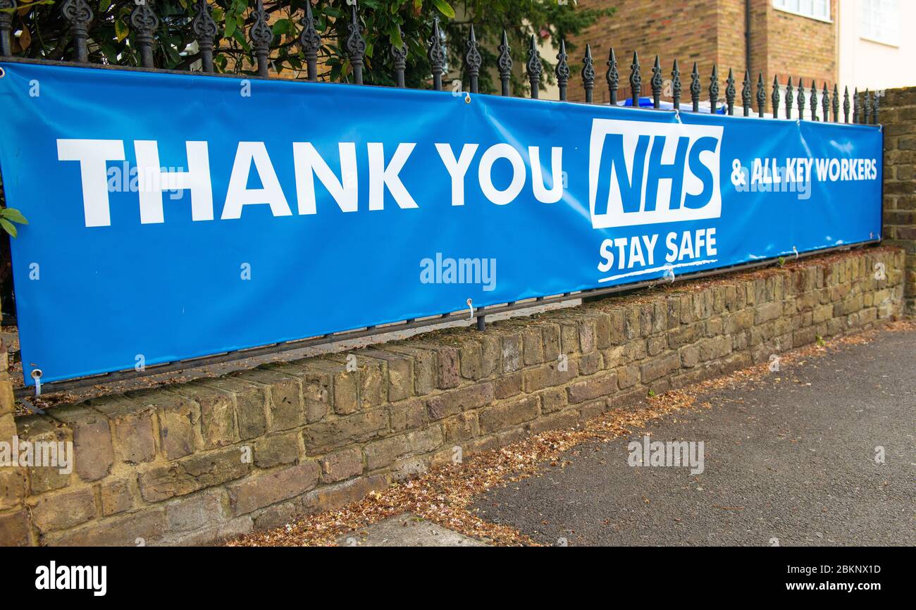 Large banner outside a residential home, in gratitude to all NHS staff and keyworkers  who are working during the UK Coronavirus pandemic crisis. Stock Photo