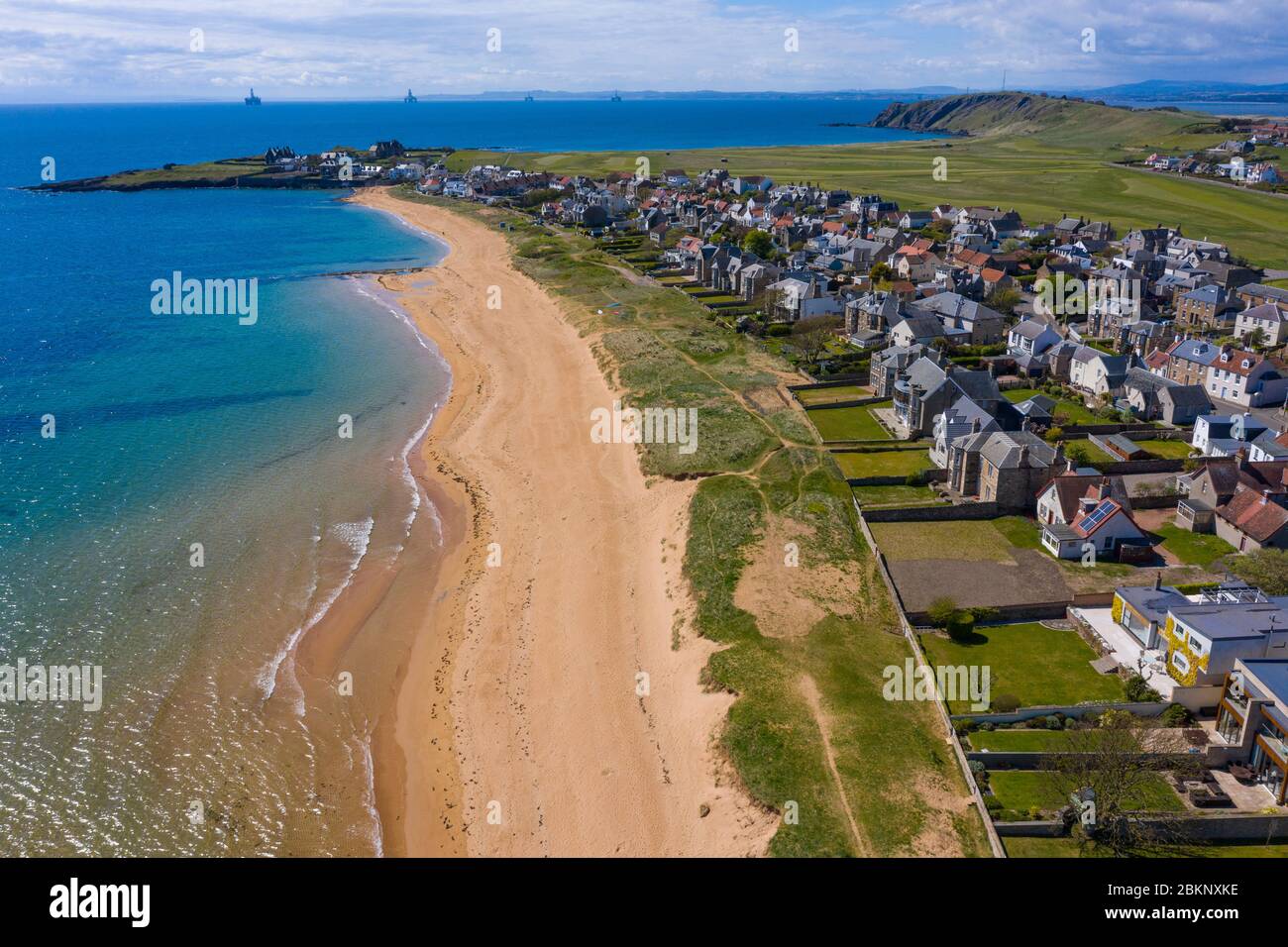 Aerial view of villages of Earlsferry in East Neuk of Fife, during