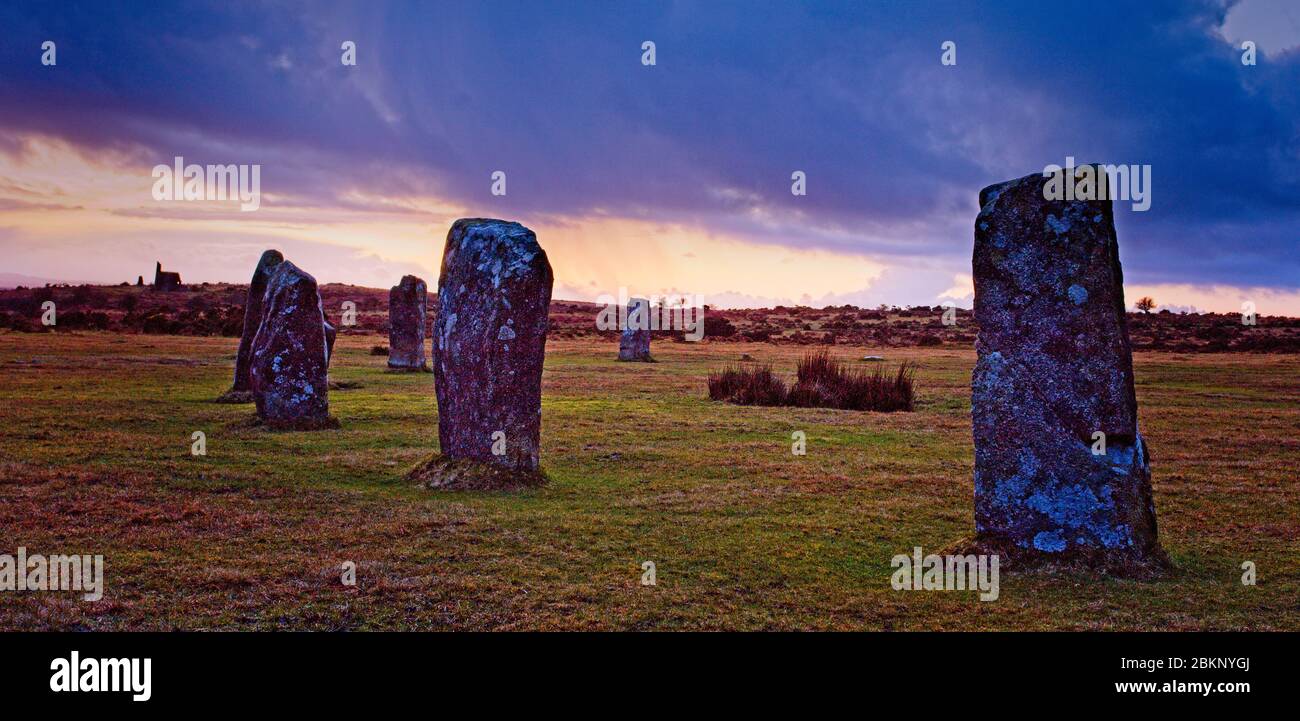 Part of a stone circle in The Hurlers complex at dusk, (dating from about 2000BC), Minions, Cornwall, England, UK. Stock Photo