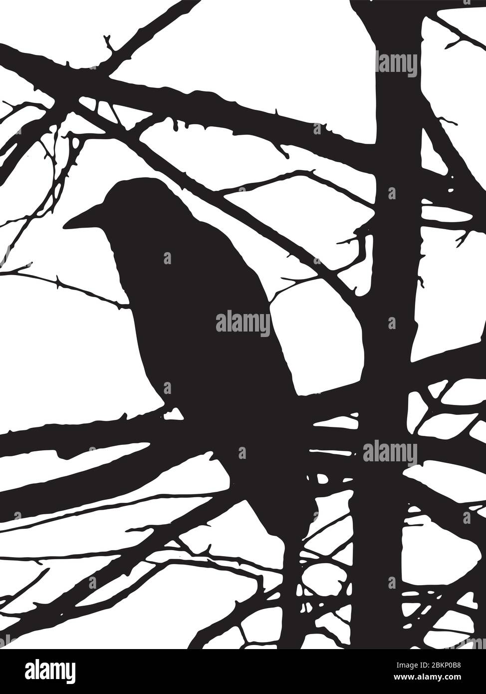silhouette of raven on tree isolated on white background Stock Vector