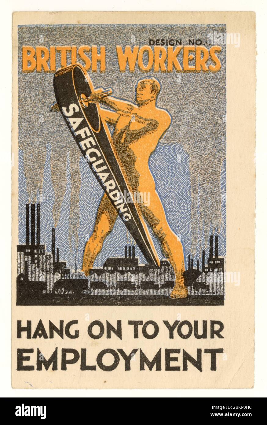 Original, historic, Inter war period leaflet, art deco style, printed by the National Union of Manufacturers urging British Workers to hang onto their employment by supporting those who support the safeguarding of industry (protectionist policies) 'Safeguarding of industry means safeguarding of  employment' it states on the reverse.  As an example of safeguarding, it gives the British  tyre manufacturing industry which was safeguarded and employed many British workers. Printed in Birmingham, U.K. around the time of the financial crash and subsequent Great Depression, circa 1929-1932 . Stock Photo