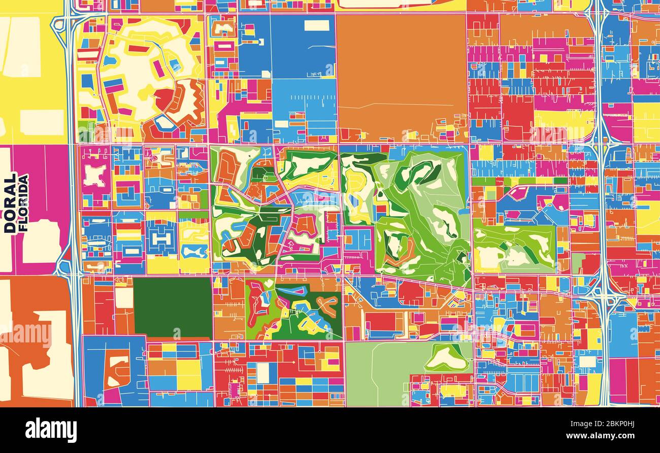 Colorful vector map of Doral Florida - Colorful Vector Map Of Doral Florida Usa Art Map Template For Selfprinting Wall Art In Landscape Format 2BKP0HJ 