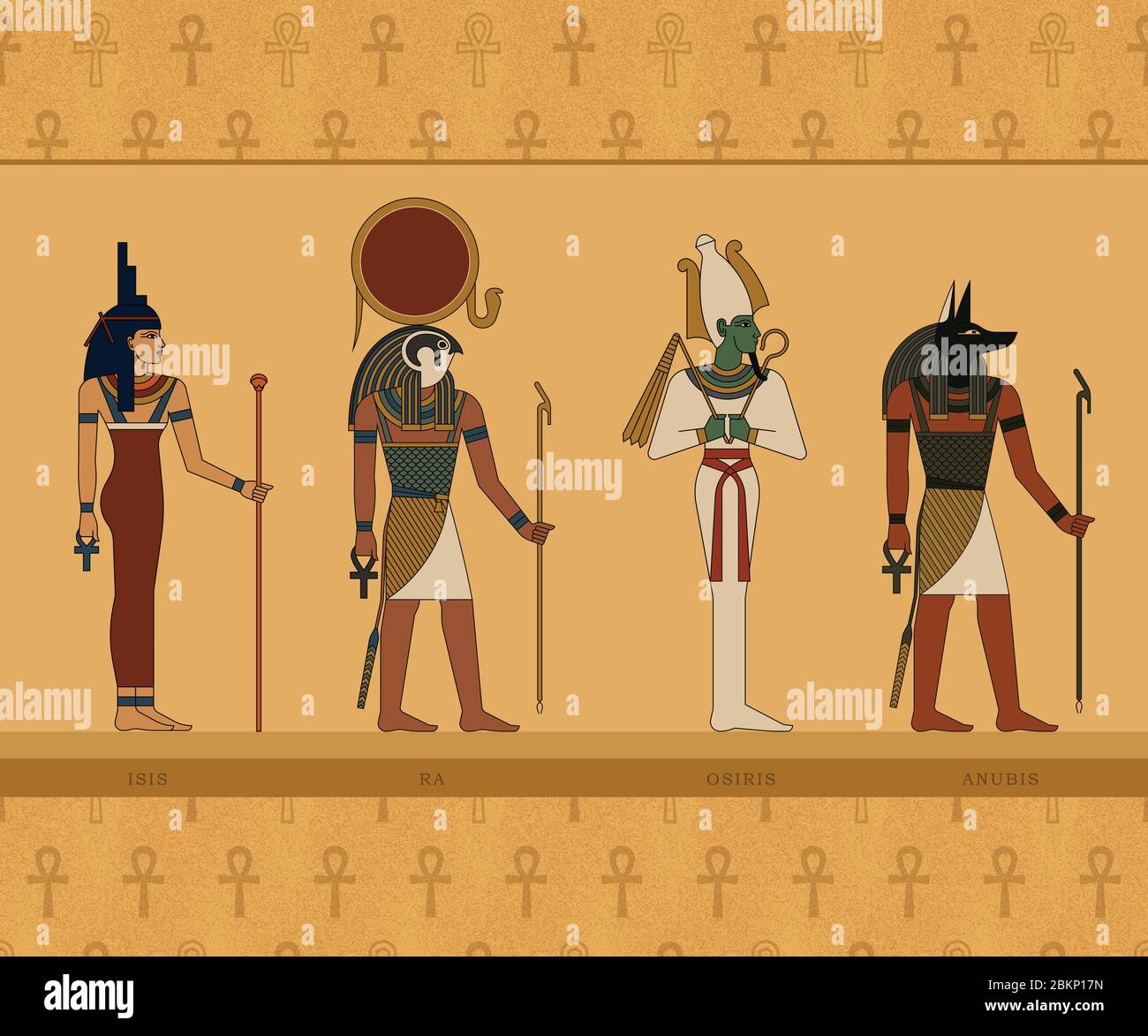 Illustrations of the gods of ancient Egypt. Isis, Ra, Osiris and Anubis. Stock Vector