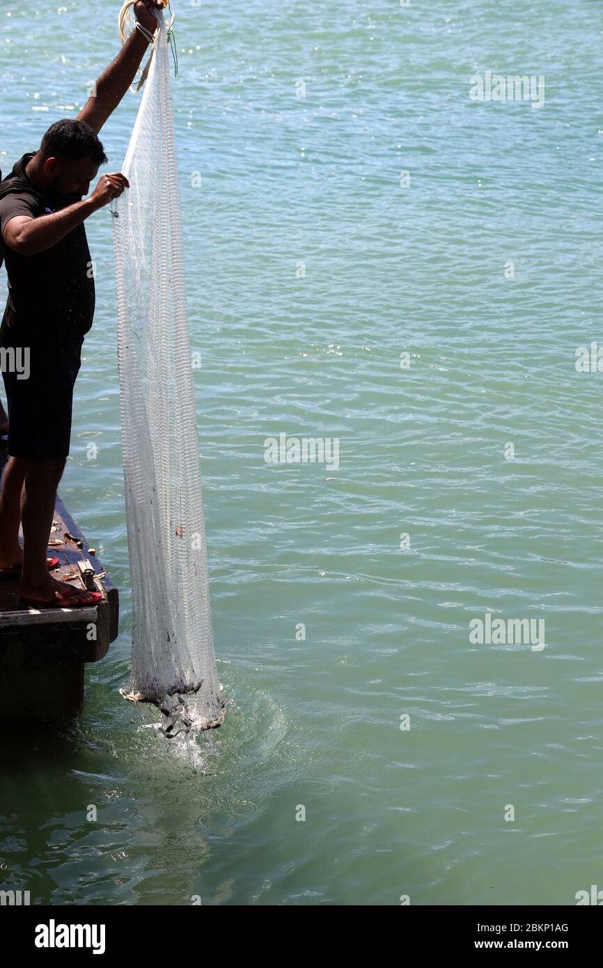 Man skilfully drawing in a weighted hand held fishing net. Raglan Wharf,  North Island, New Zealand. Full frame Stock Photo - Alamy