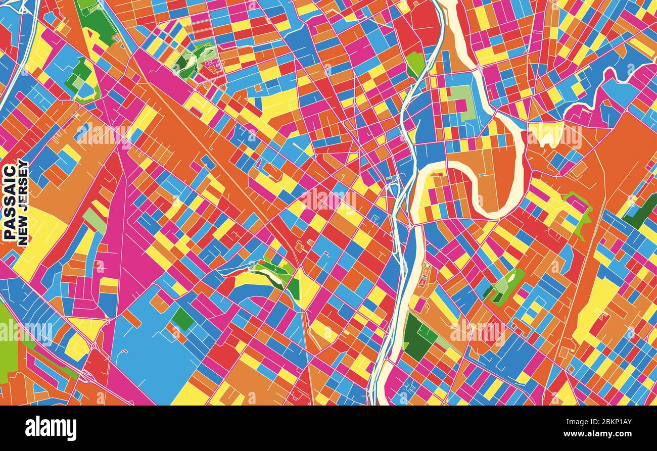 Colorful vector map of Passaic, New Jersey, USA. Art Map template for selfprinting wall art in landscape format. Stock Vector