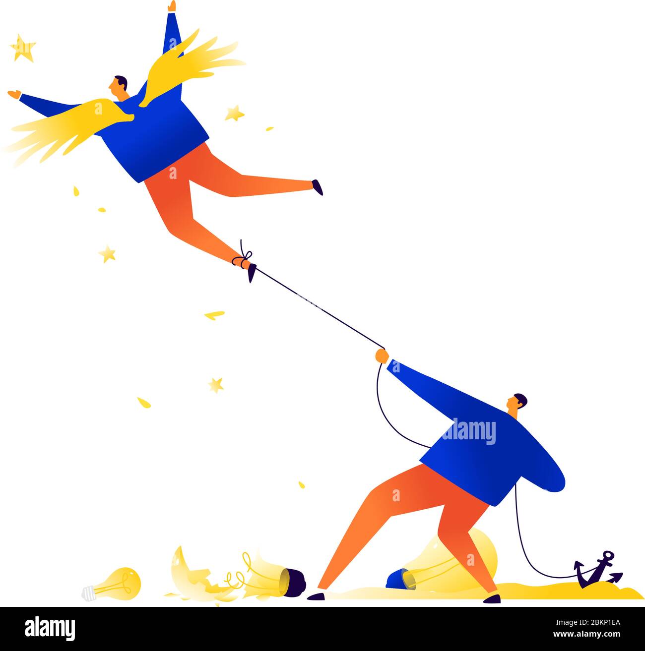 Businessman holds on leash a creative flying angel. Vector. Stop and restriction. A metaphor captured by stereotypes. Pressure from superiors to subor Stock Vector