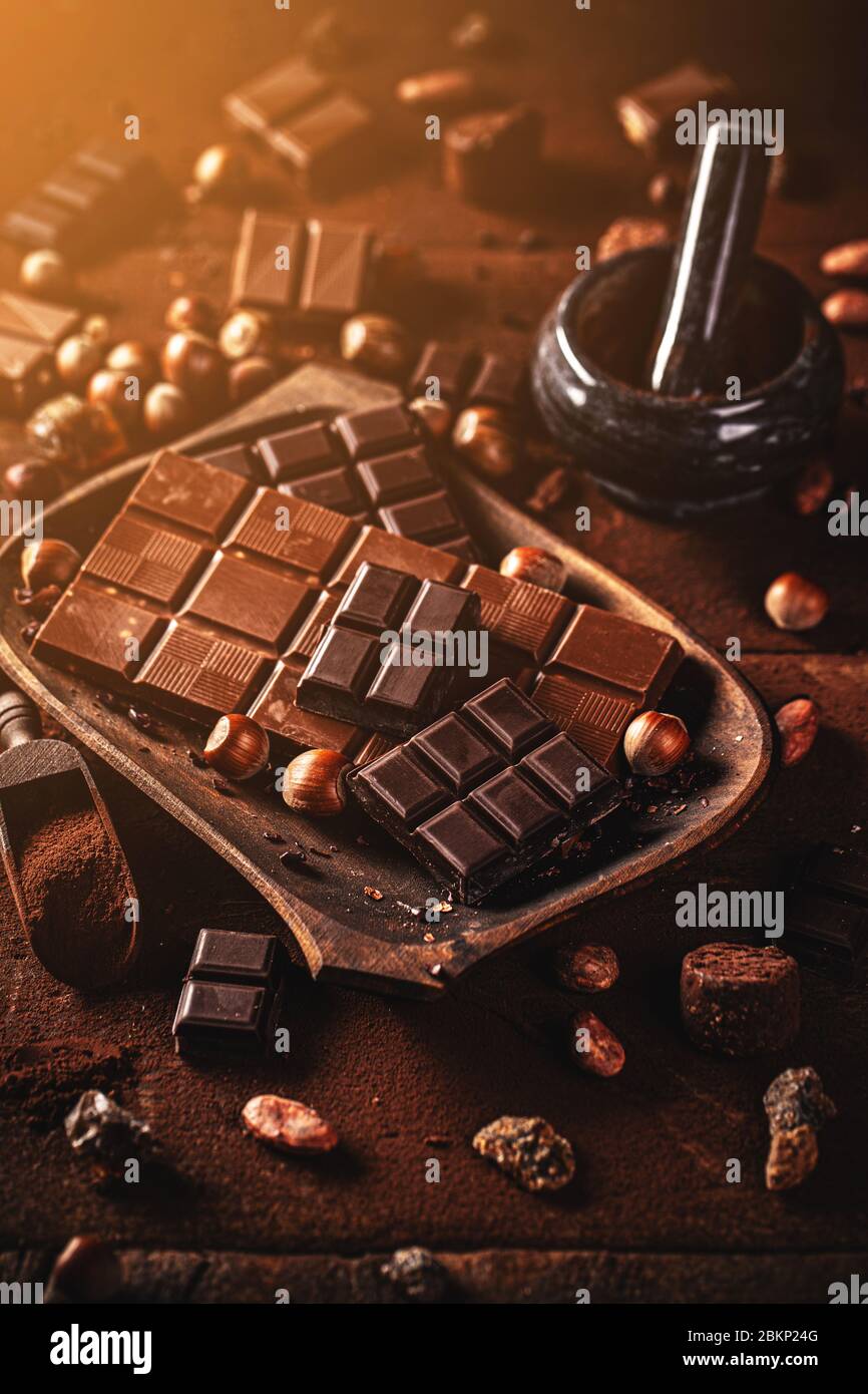 Still life of hazelnut and milk chocolate on wooden background Stock Photo