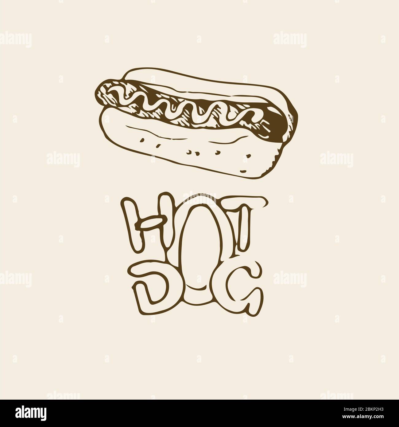 Hot Dog hand drawn illustration. Fast food design element, sketch of hotdog with sauce or mayonnaise and stylized hand written label of Hot Dog. Can b Stock Vector