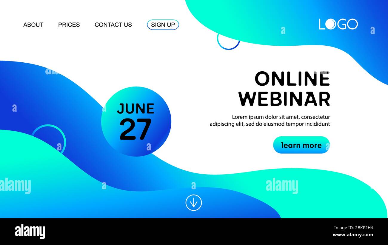 Online webinar liquid landing page template. Vector blue fluid background for business conference announcement web page Stock Vector