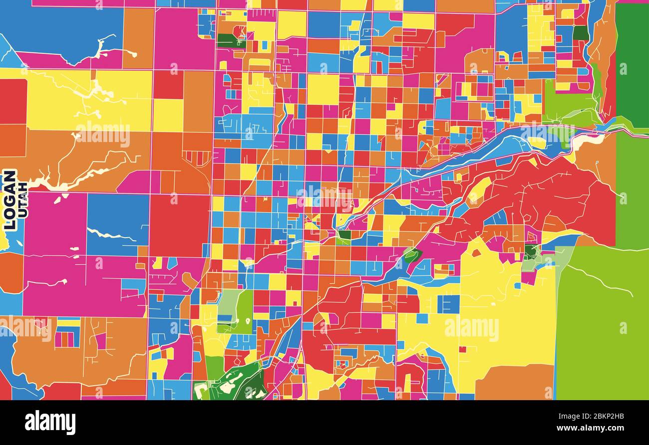 Colorful vector map of Logan, Utah, United States of America. Art Map template for selfprinting wall art in landscape format. Stock Vector