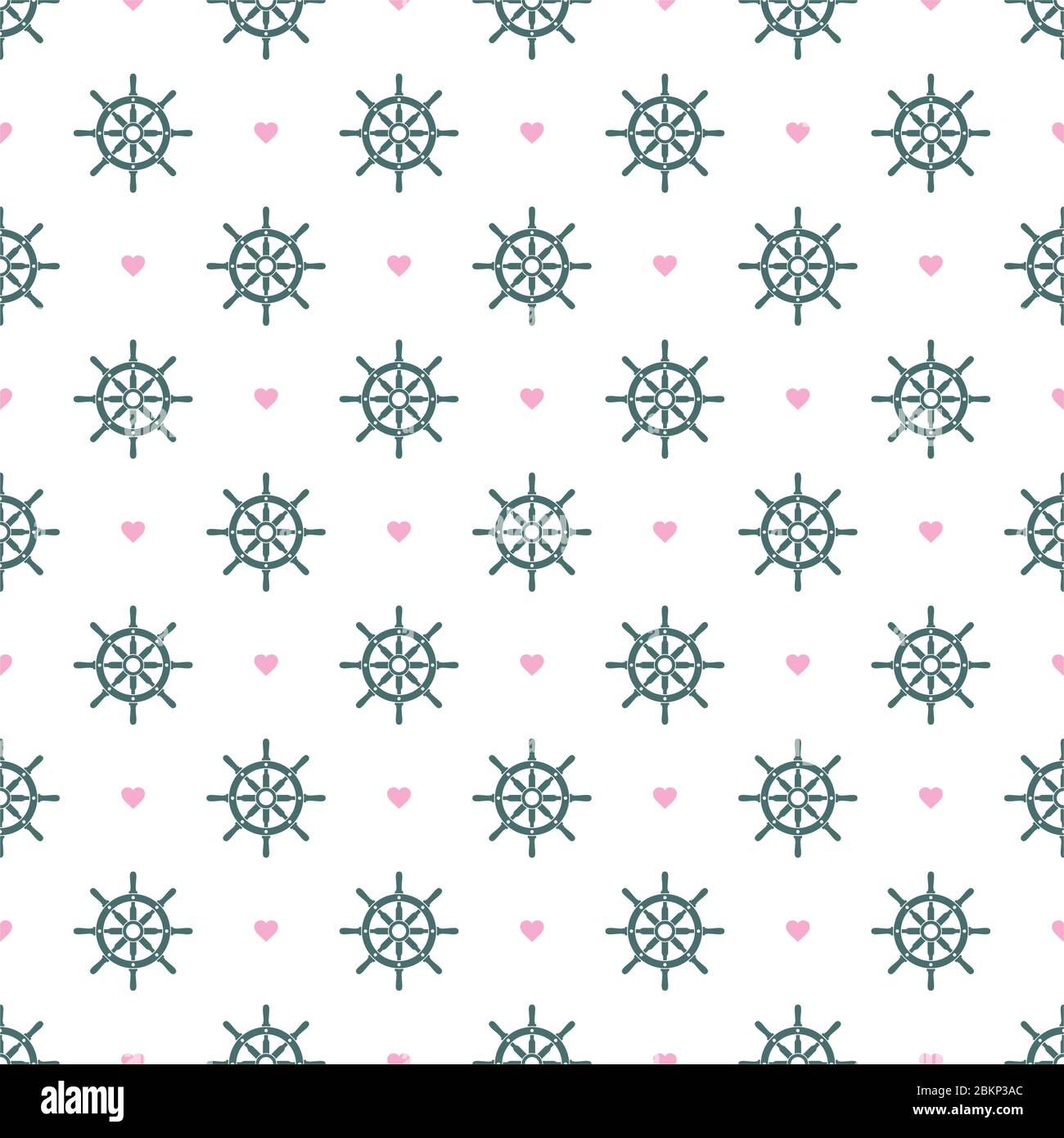 Ship helm vector seamless pattern. Helm, steering wheel and hearts seamless texture. Steering wheel and heart symbols seamless pattern. Stock Vector