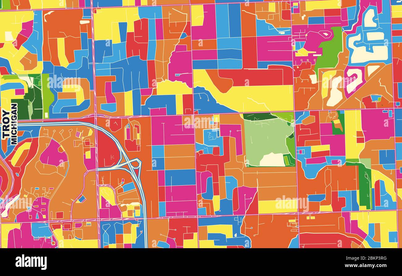 Colorful vector map of Troy, Michigan, USA. Art Map template for selfprinting wall art in landscape format. Stock Vector