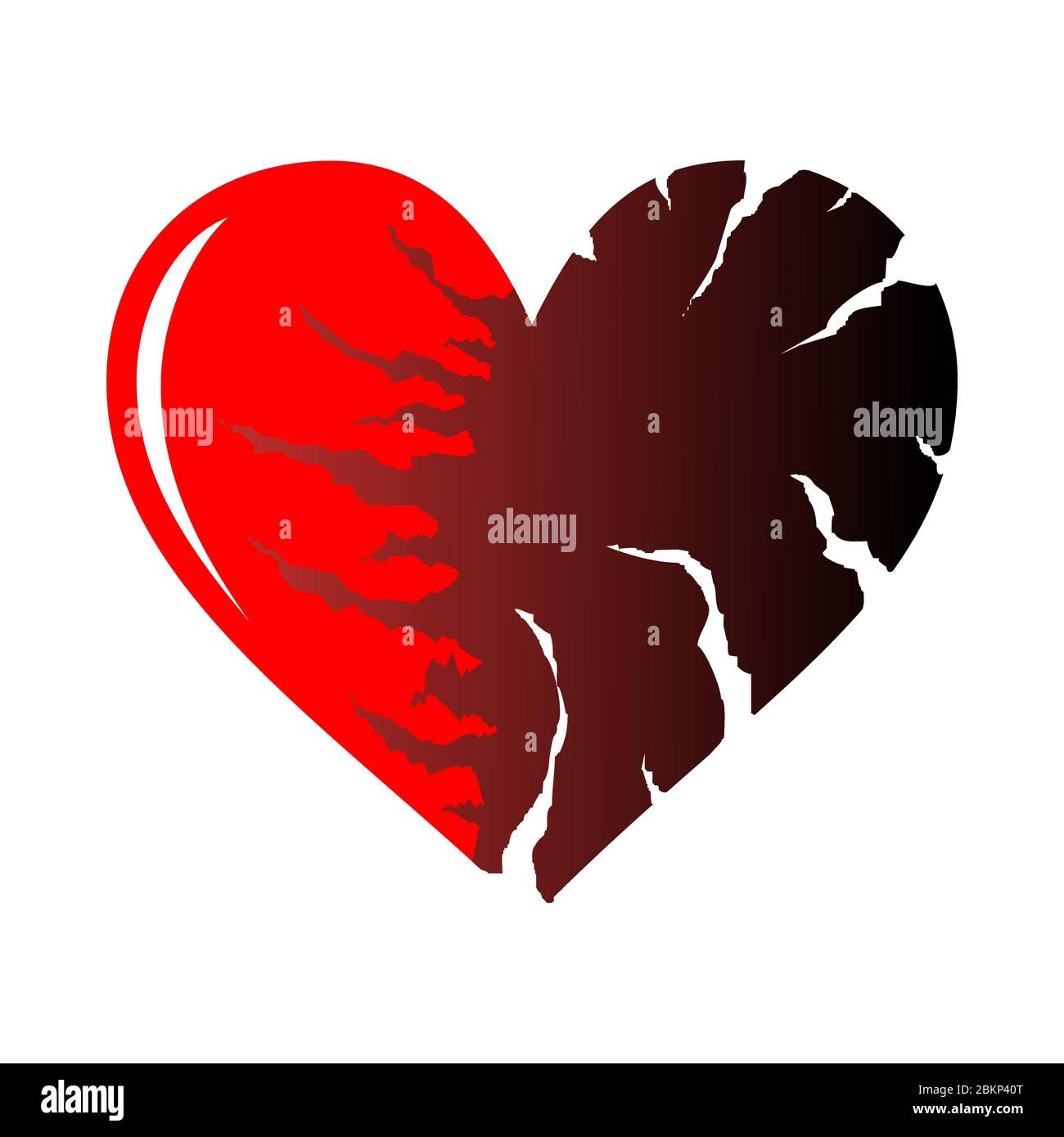 Two halfs of red cracked heart icon isolated on white background. Heart shape with cracks and ragged edges. Symbol of unhappy love, emotional experien Stock Vector