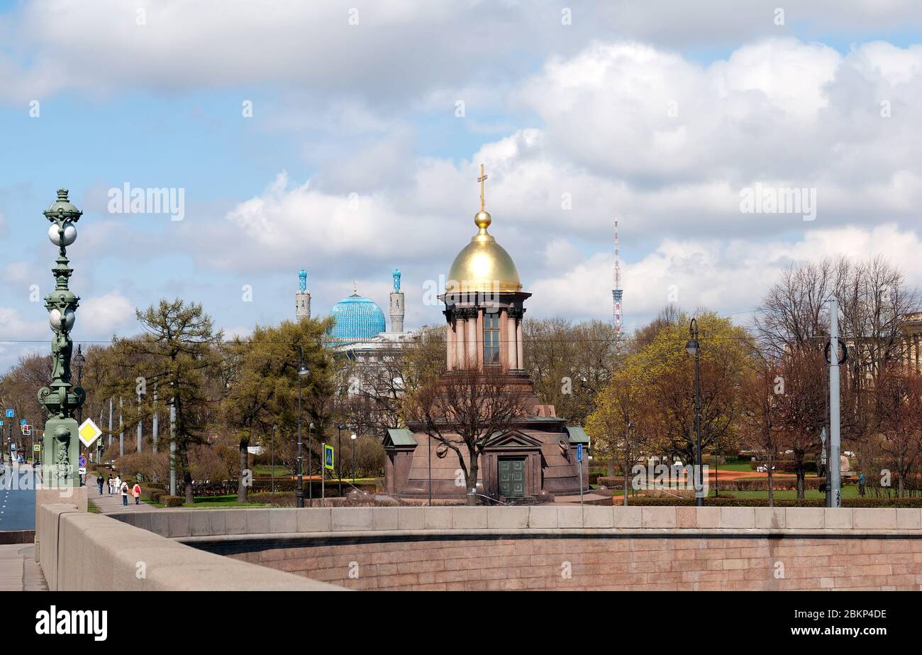 Saint-Petersburg, Russia – May 4, 2020: View of The Trinity Church on The Trinity Square. On the background is The Saint Petersburg Mosque Stock Photo