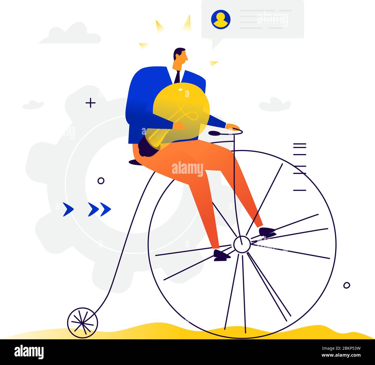 Businessman rides a bicycle. Vector. A man on a retro bike with an electric lamp rides on business. Chat and ideas for remote work. Flat trendy busine Stock Vector