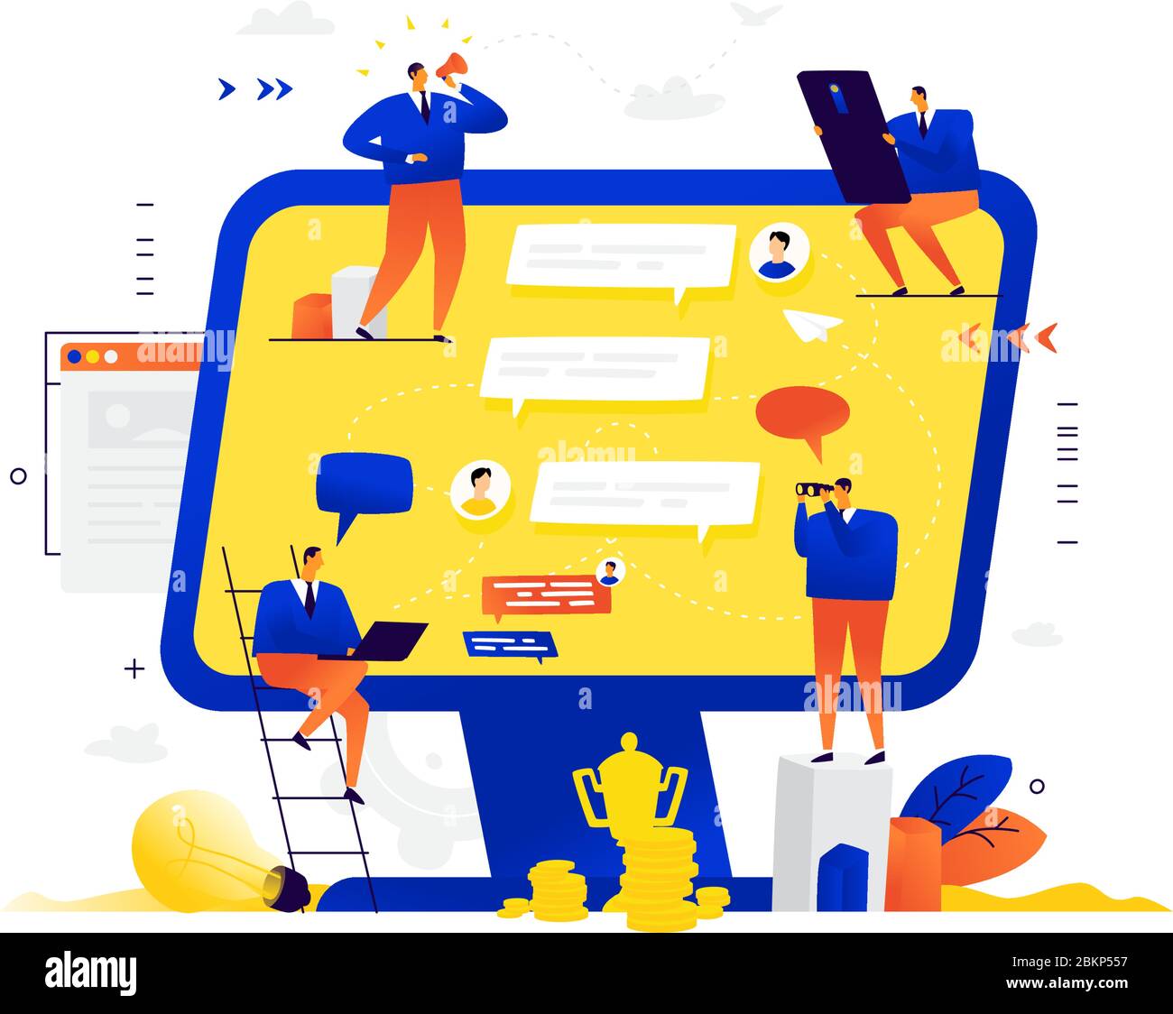 Businessmen chatting around the monitor. Vector. Education on the Internet. Remote team work. Remote problem solving. Messenger as a business tool. Cr Stock Vector