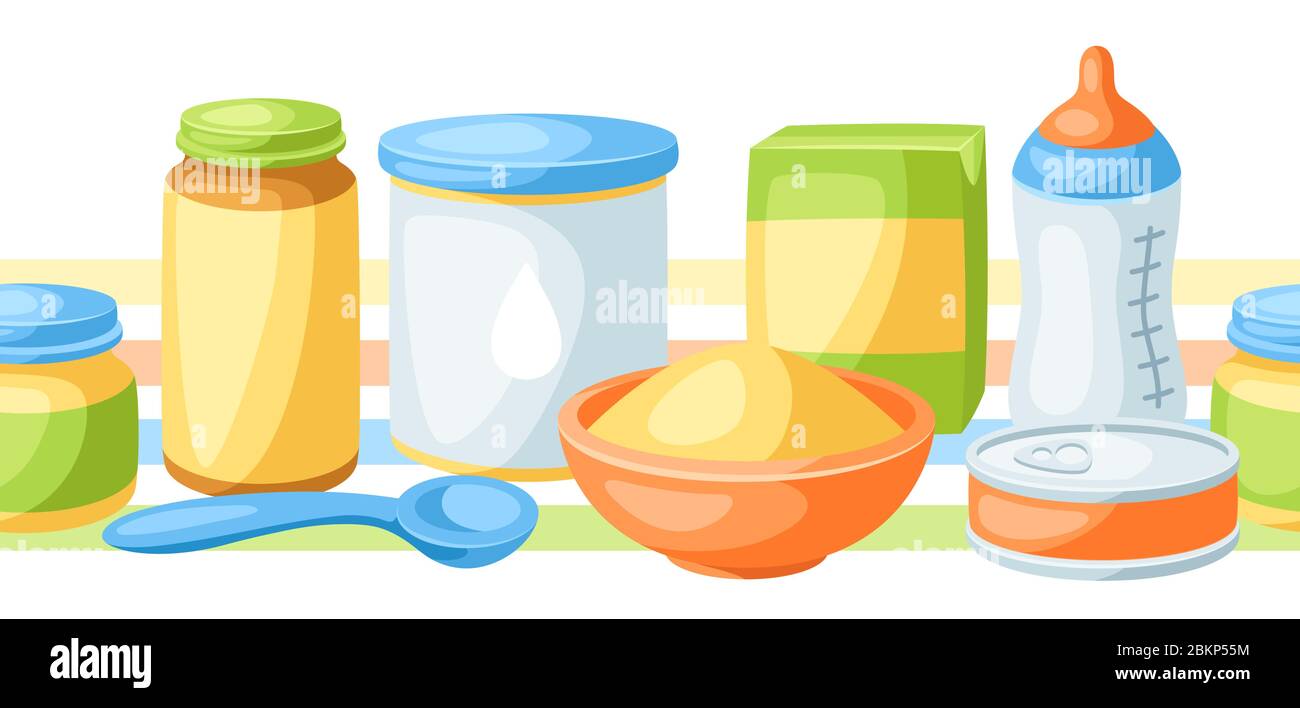 Seamless pattern with baby food items. Stock Vector