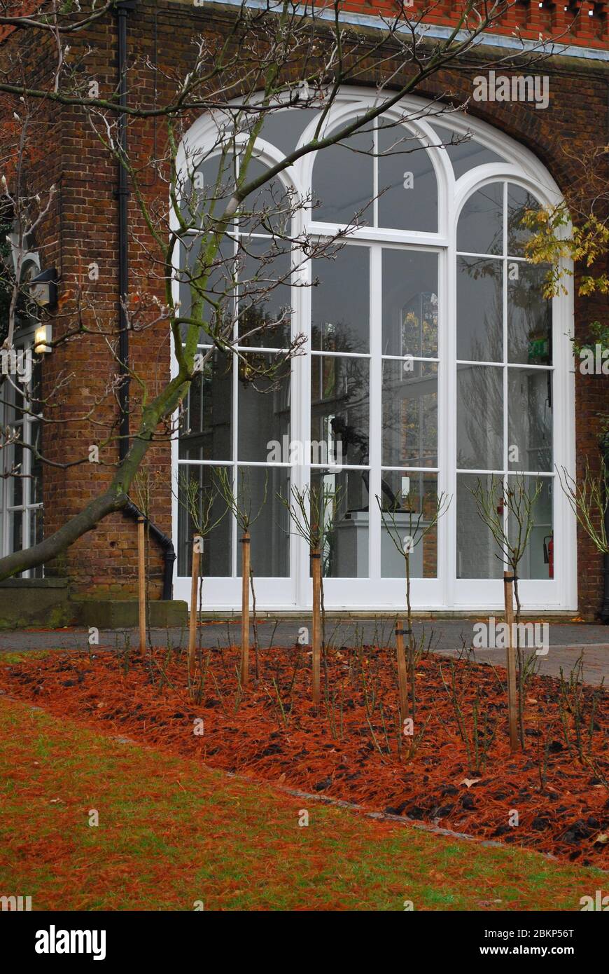 Orangery Gallery Window Landscape Green Formal Dutch Holland Park, Ilchester Pl, Kensington, London Stock Photo