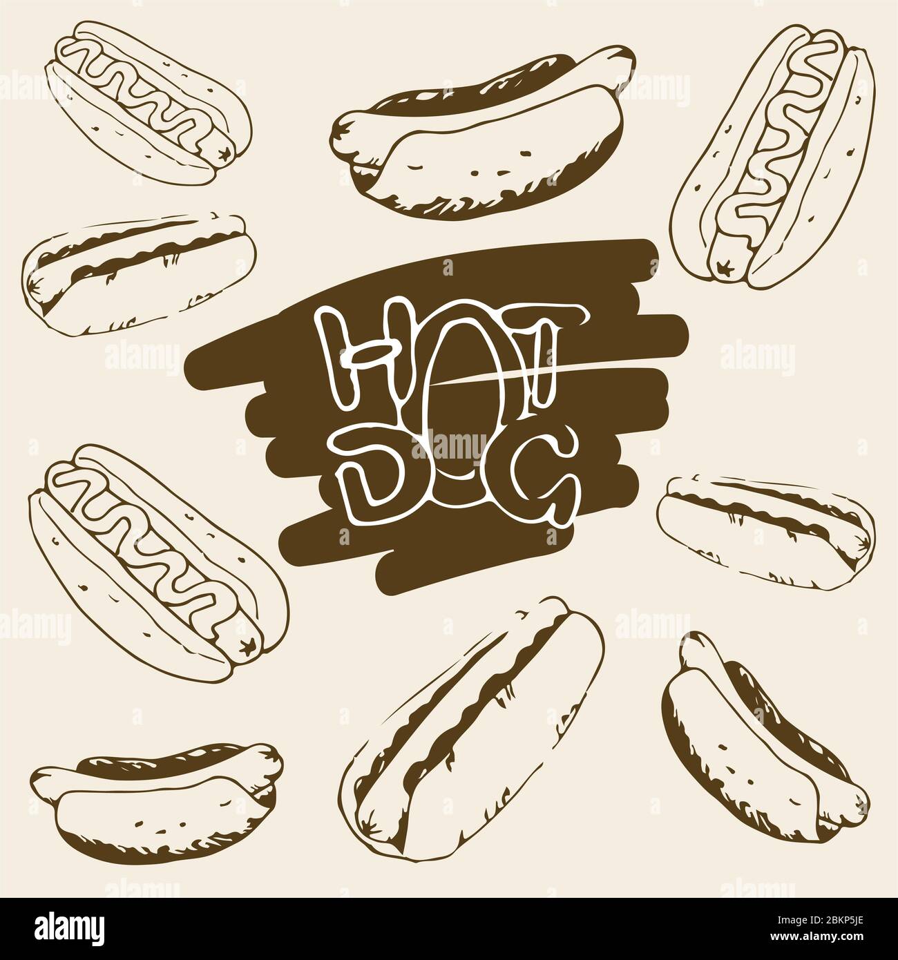 Hot Dog hand drawn illustrations. Fast food design elements, sketches of hotdogs with sauce and mayonnaise. Monochrome EPS8 vector graphics. Stock Vector