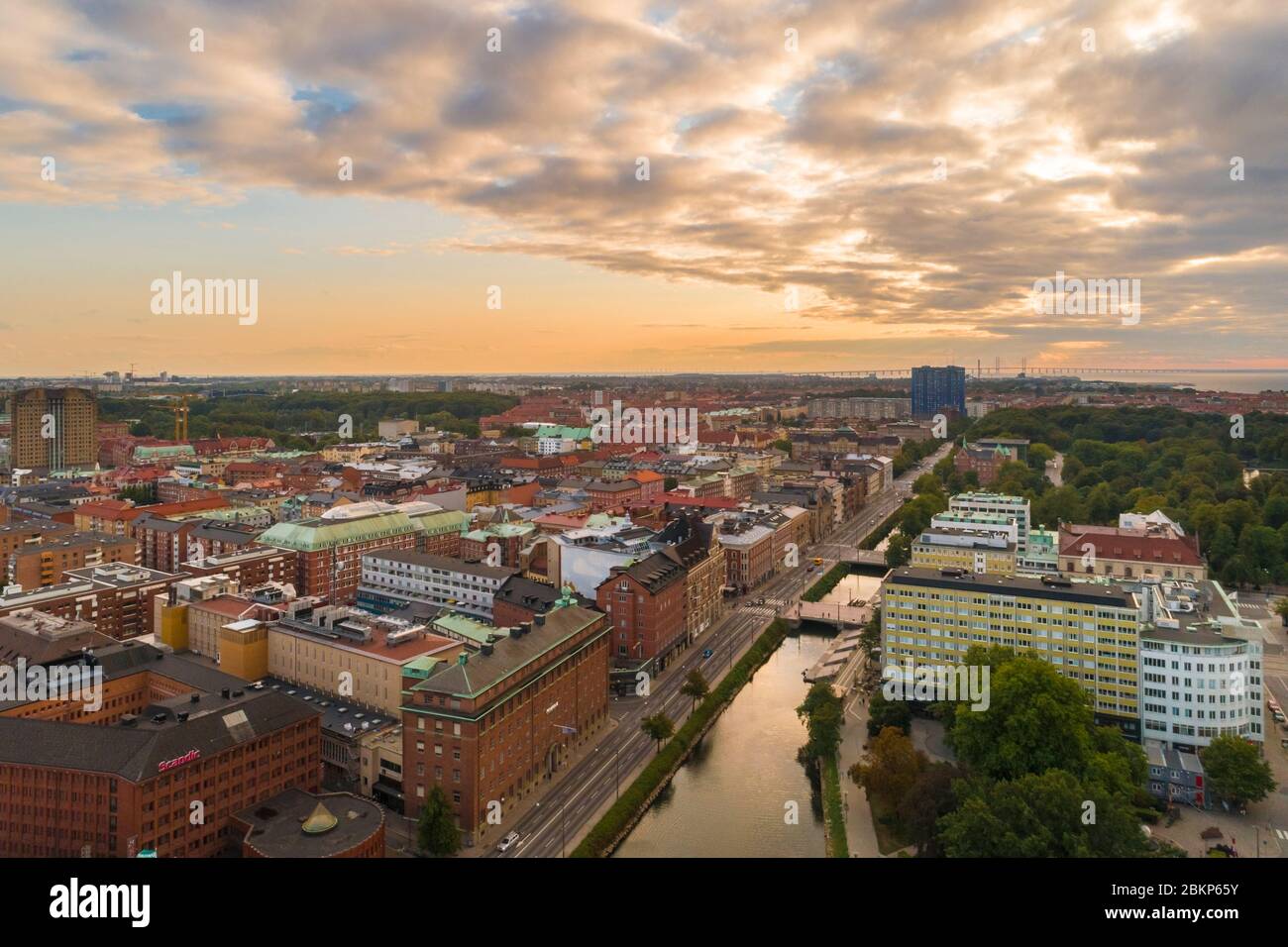 Aerial picture of Malmo with the river running through it. Stock Photo