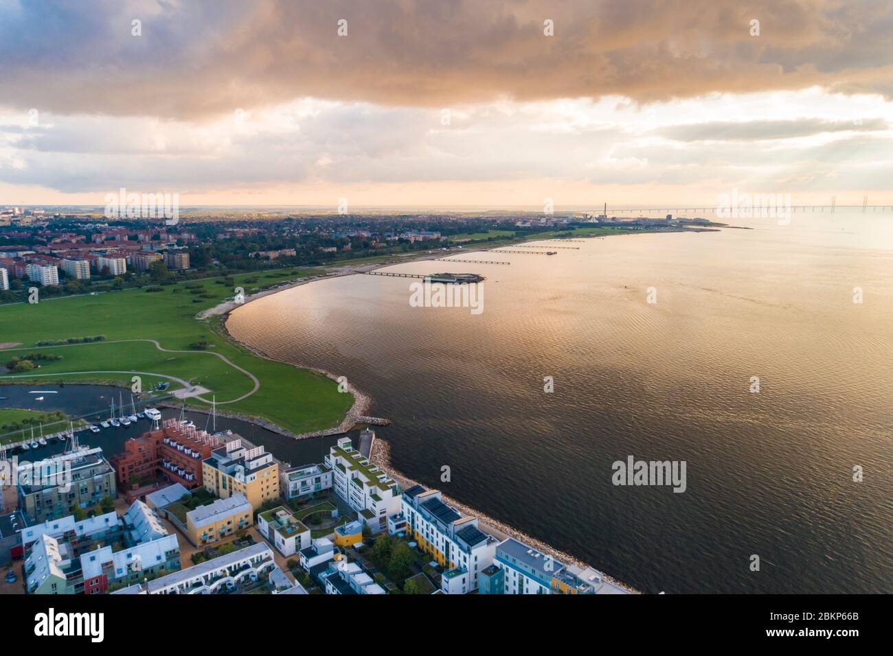 Aerial view of the seafront at Malmo with the bridge in the distance. Stock Photo