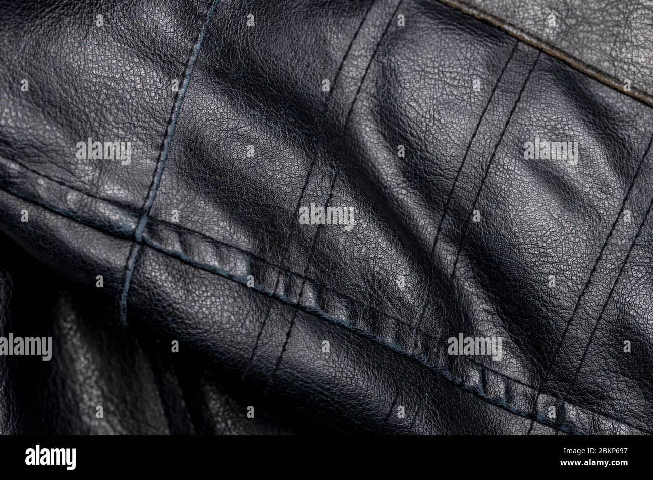 close up detail of a black leather vintage motorcycle jacket Stock Photo