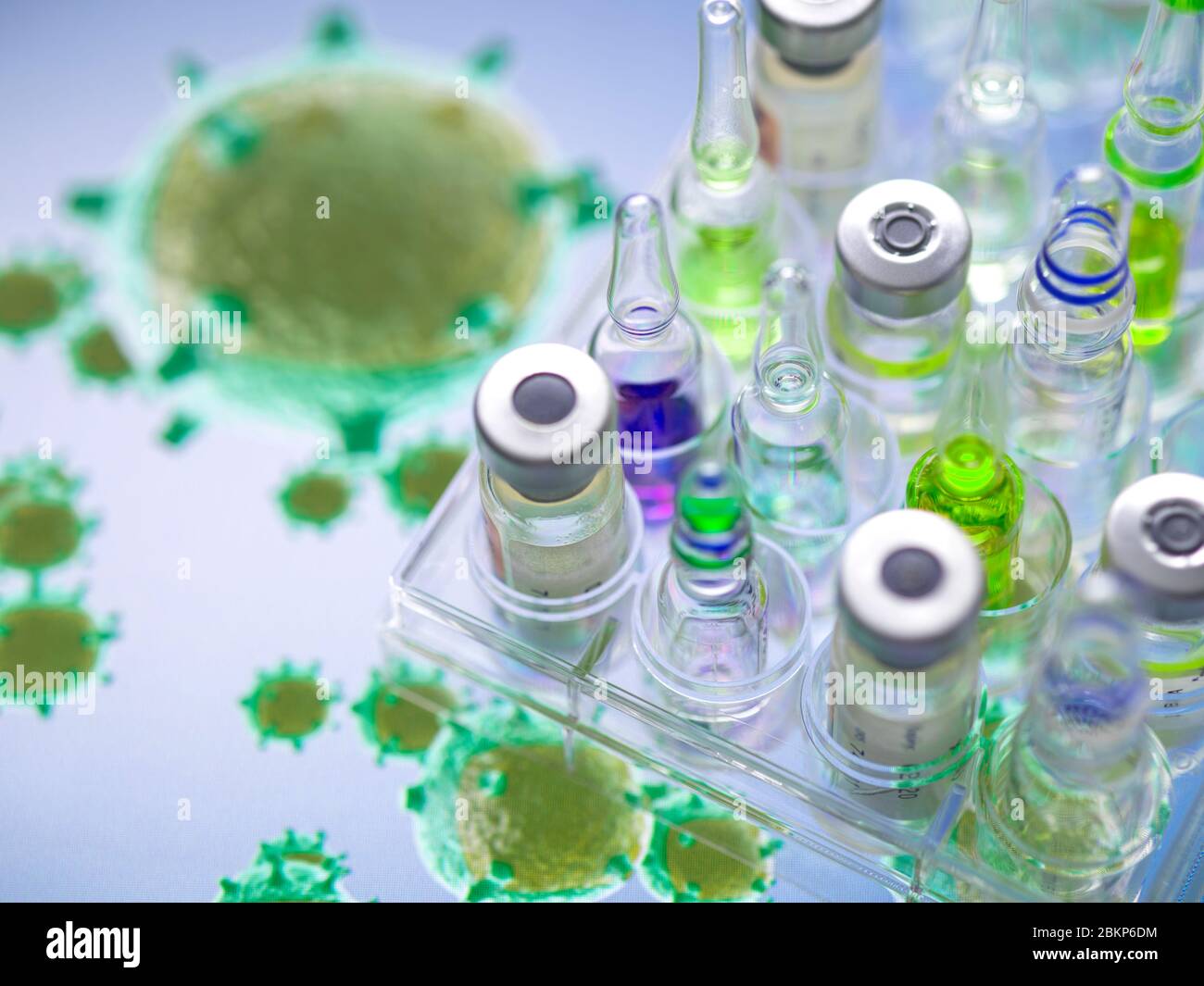 Pharmaceutical research into diseases and pandemics. A variety of drugs being tested in the laboratory with a 3D model of the the viral. Stock Photo