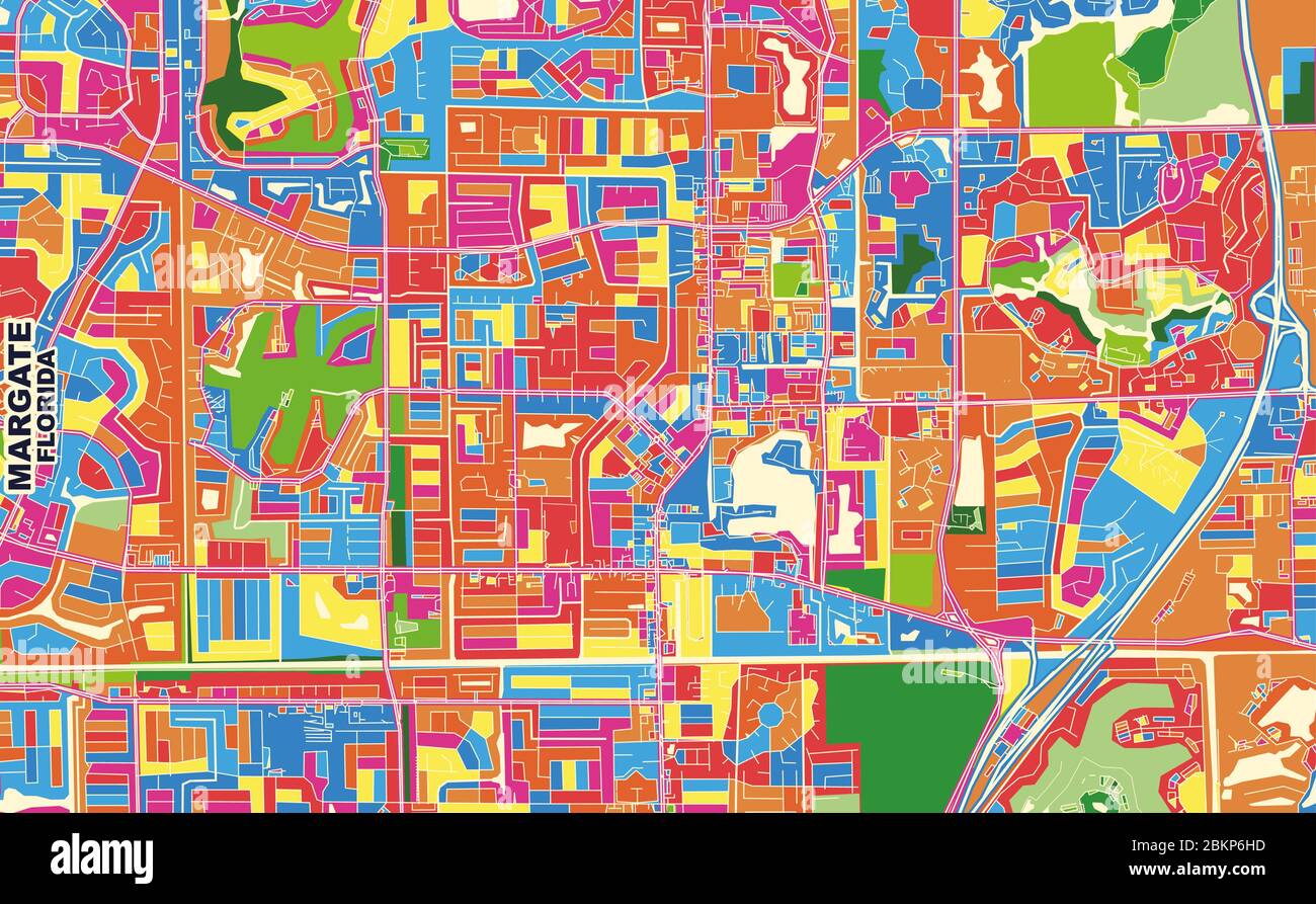Map of margate Stock Vector Images - Colorful Vector Map Of Margate Florida Usa Art Map Template For Selfprinting Wall Art In Landscape Format 2BKP6HD