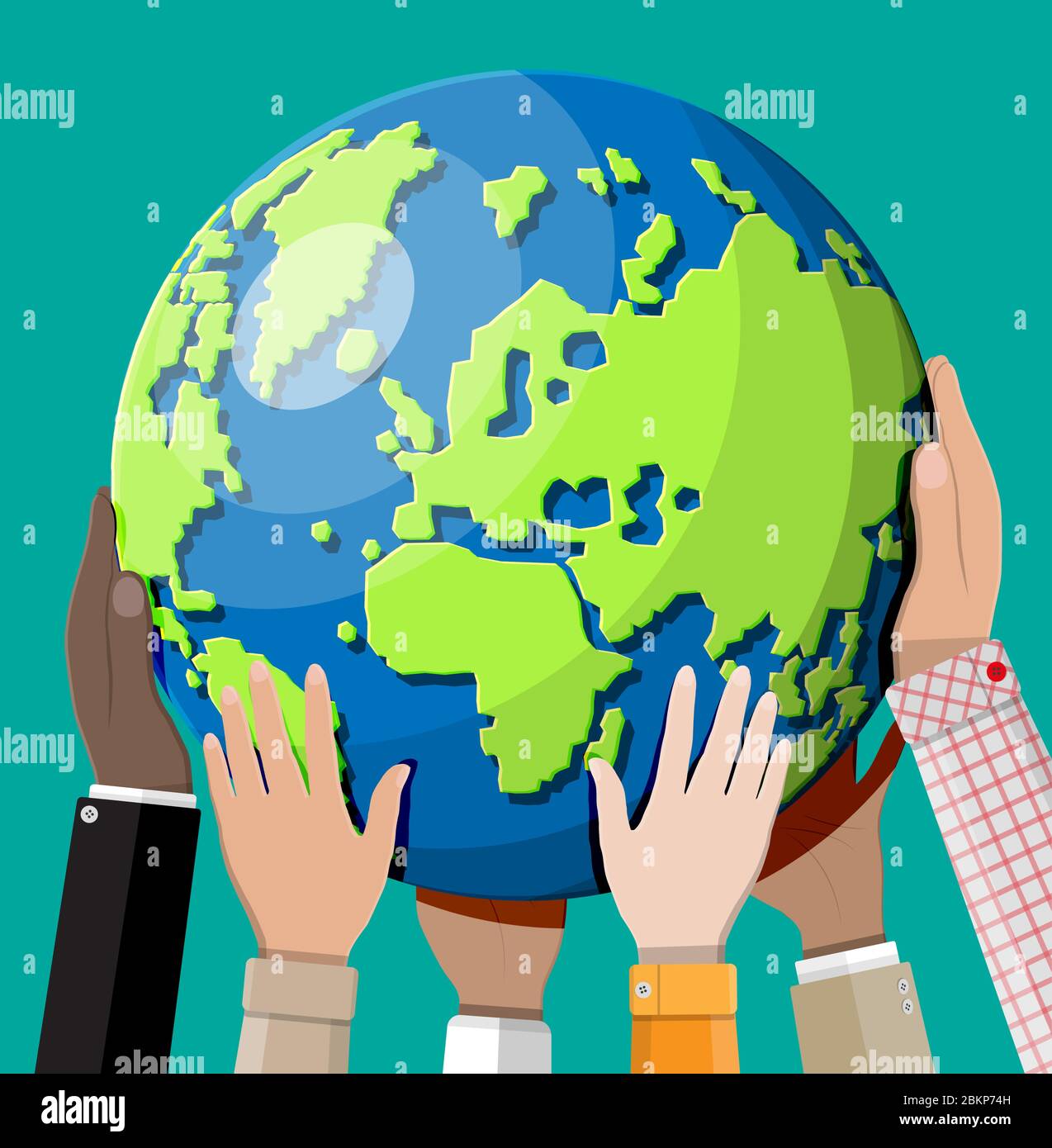 Hands reaching for the Earth. Different skin color people together holding planet. Tolerance, race equality, human diversity, climate change, global warming, ecology concept. Flat vector illustration Stock Vector